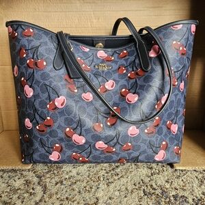 Coach Blue and Pink Cherry Print City Tote Bag
